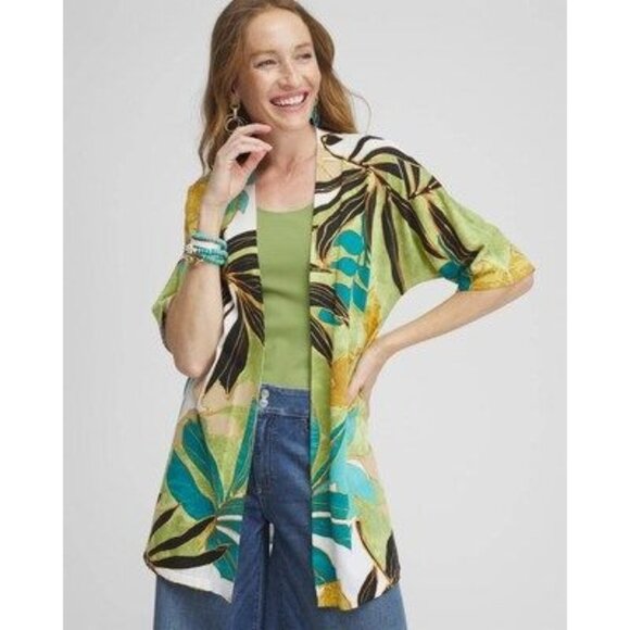 NEW Chico's Summer Romance Palms Mini Cardigan 1 Medium Tropical Green - Picture 1 of 8